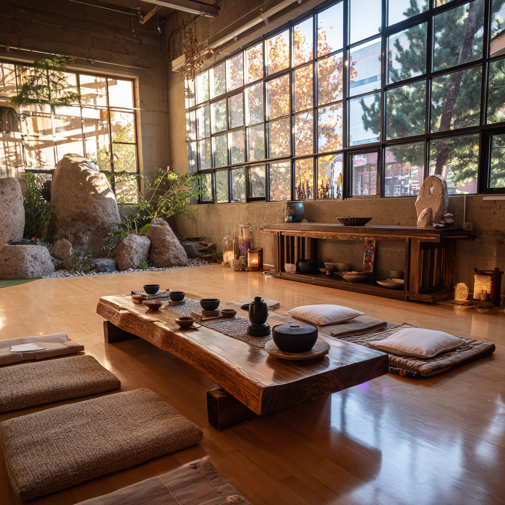 peaceful meditation space with mature practitioners